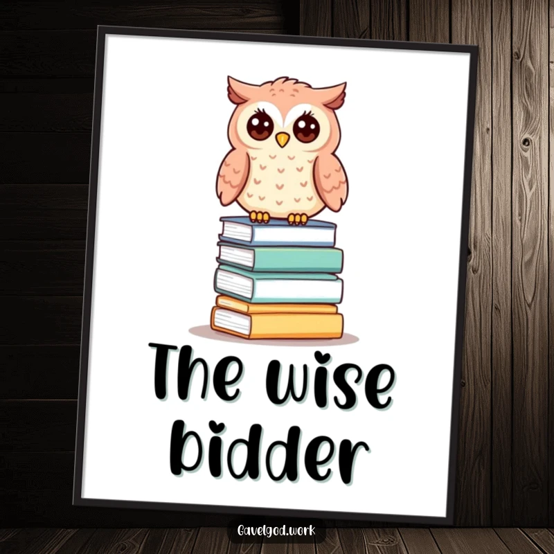 Funny kawaii owl poster art of a cute owl perched wisely upon a miniature stack of auction items, demonstrating keen observation.