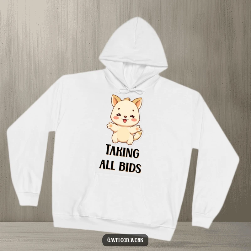 Funny happy animal character in a cozy hoodie, with outstretched paws, offering a bid, perfect for warm generosity.