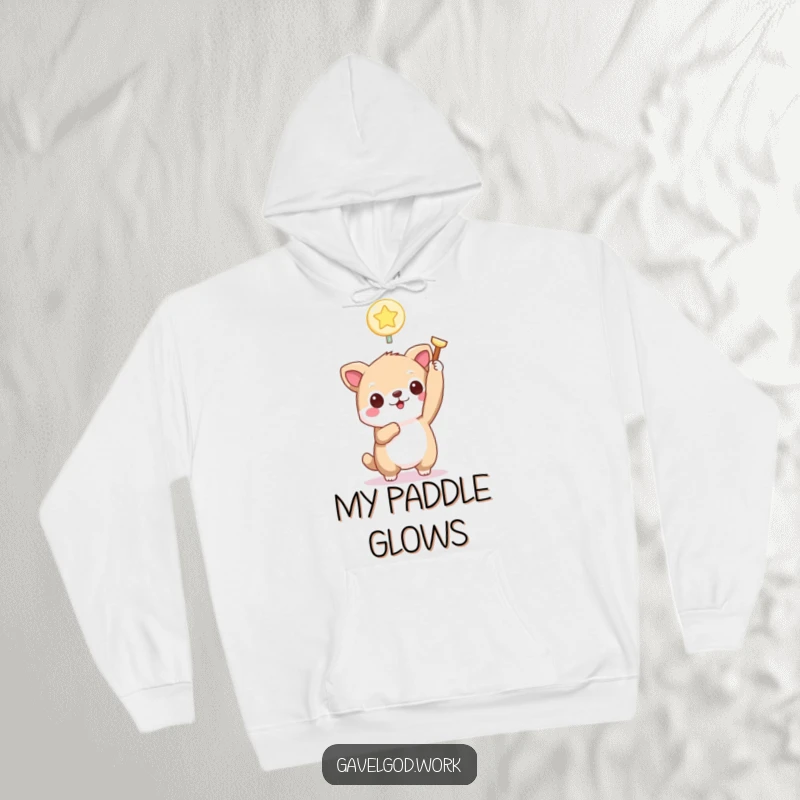 Funny kawaii animal hoodie depicting a cute character holding a tiny, glowing bidding paddle aloft, perfect for auction lovers.