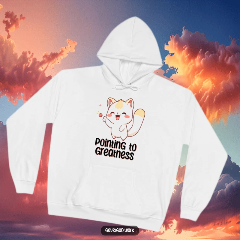 Funny kawaii animal hoodie, showcasing a cute character excitedly pointing at an imaginary object, perfect for adventures and cozy moments.
