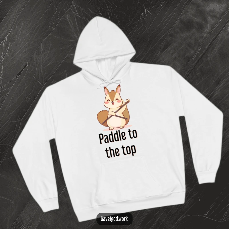 Funny kawaii squirrel hoodie showing a cute squirrel with a tiny paddle, enthusiastically pointing towards the sky.