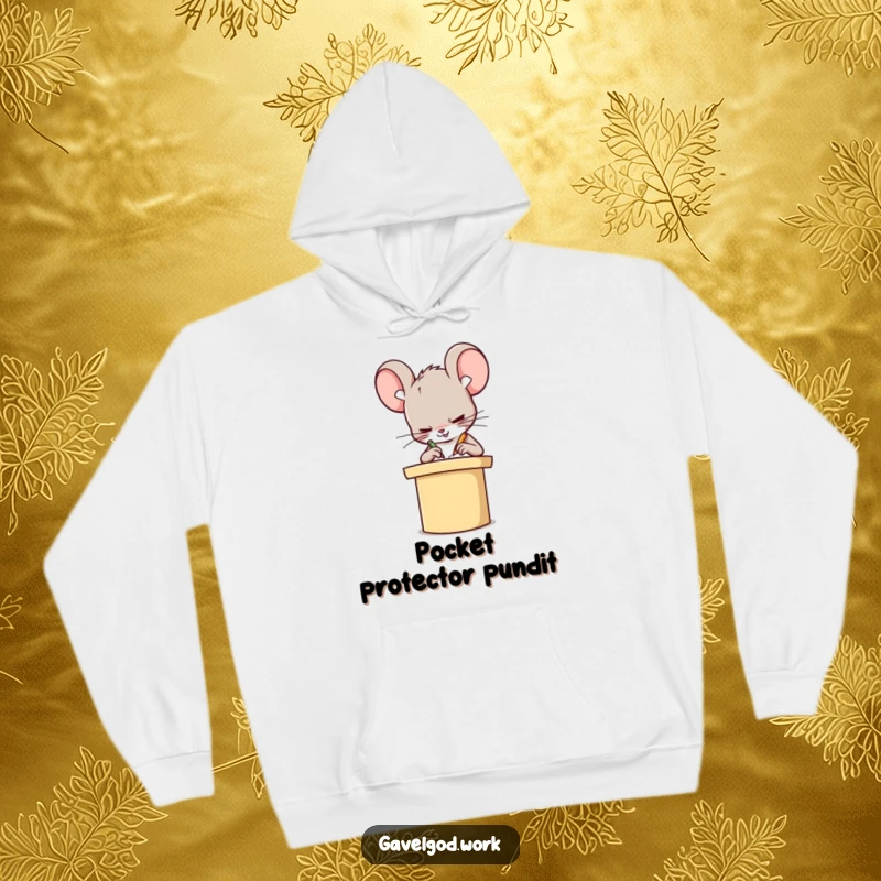 Funny Kawaii mouse character scribbling with intense focus on a tiny podium, making this hoodie a humorous statement piece.