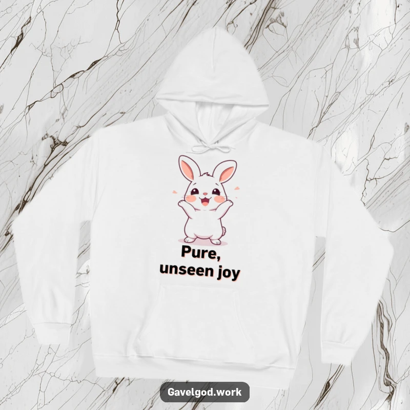 Funny kawaii rabbit hoodie depicting a cute rabbit wiggling energetically with visible excitement for an unseen prize.