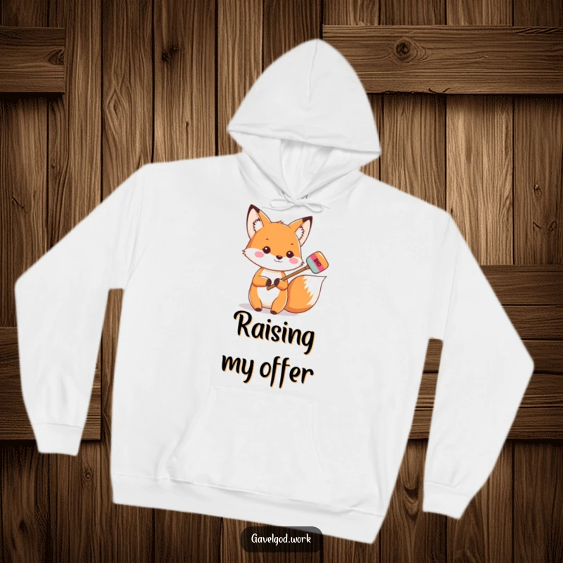 Funny Kawaii Fox Hoodie: A fox with a bidding paddle, ready to bid, cozy apparel for collectors.