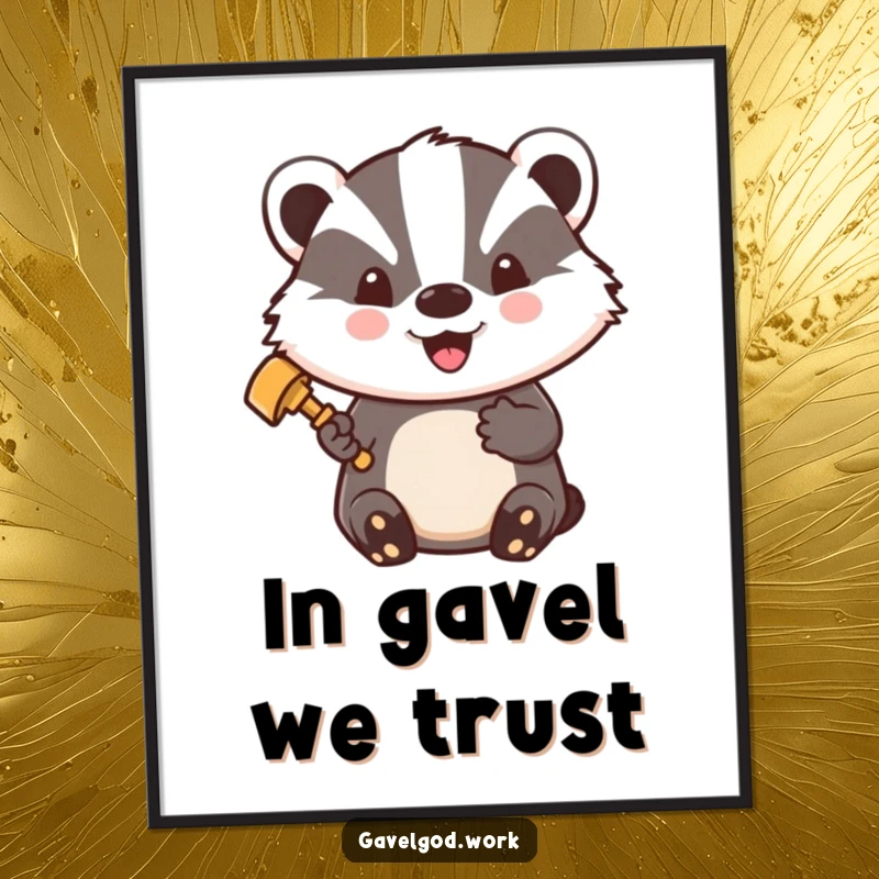 Funny Free Printable Wall Art: Kawaii badger wearing a tiny gavel, beaming with pride, a symbol of justice.