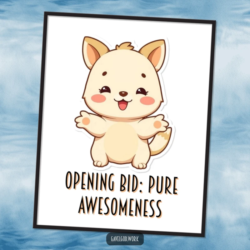 Funny free printable wall art: A happy animal character with outstretched paws, enthusiastically offering a bid with a warm smile.