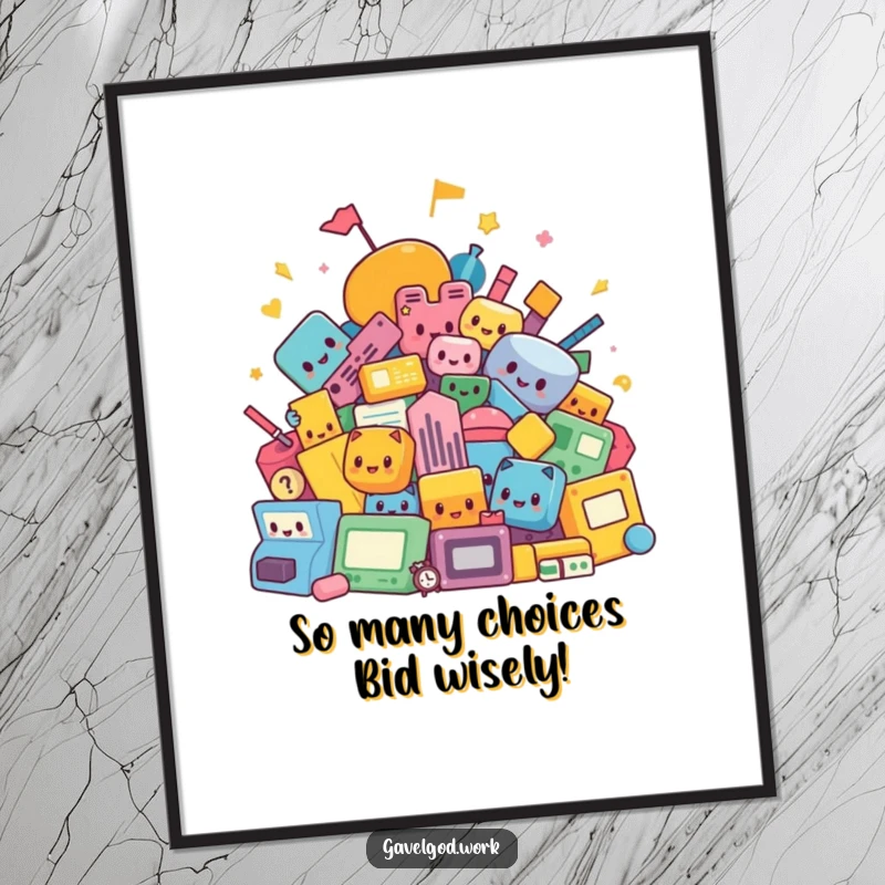 Funny Free Printable Wall Art: A pile of vibrant, kawaii abstract shapes ready for auction.