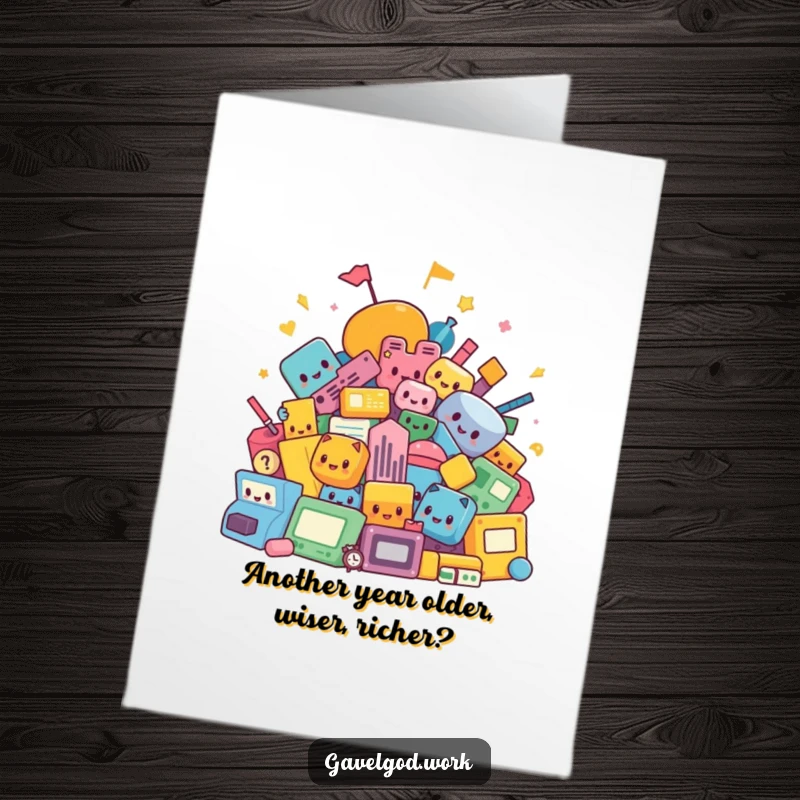 Funny Free Printable Birthday Card with a pile of cute, colorful abstract shapes bidding excitedly.