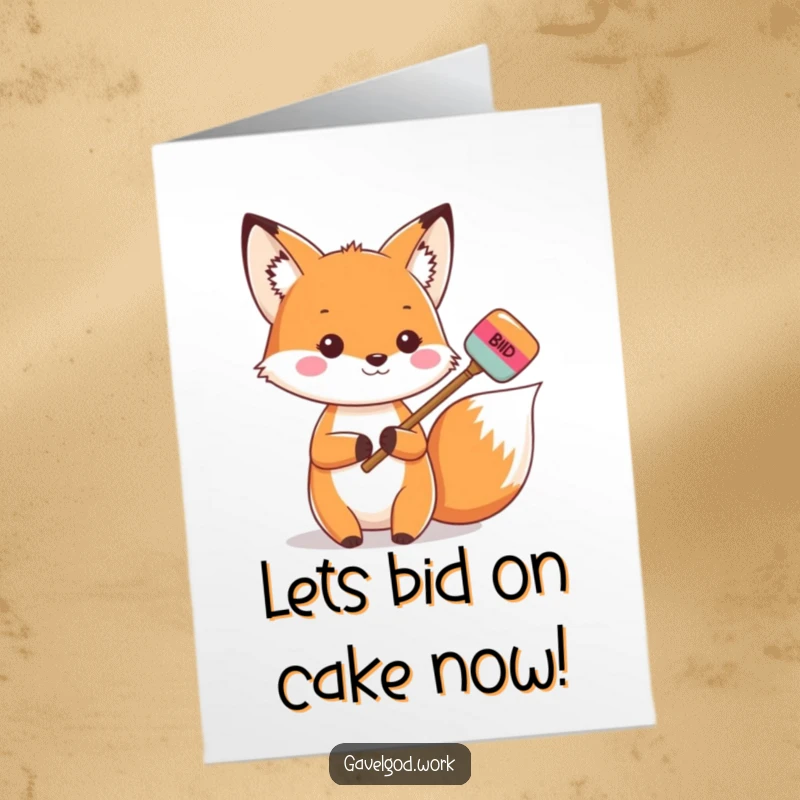 Funny Free Printable Birthday Card: Kawaii fox holding a tiny, colorful bidding paddle with a sly grin.