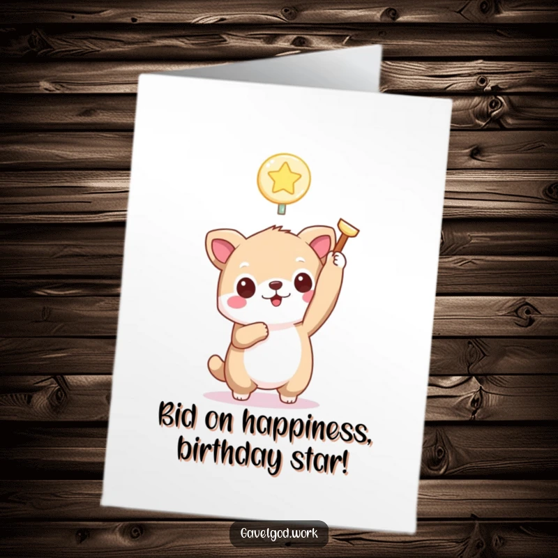 Funny Free Printable Birthday Card: A kawaii animal holds up a tiny, glowing bidding paddle, ready to celebrate.