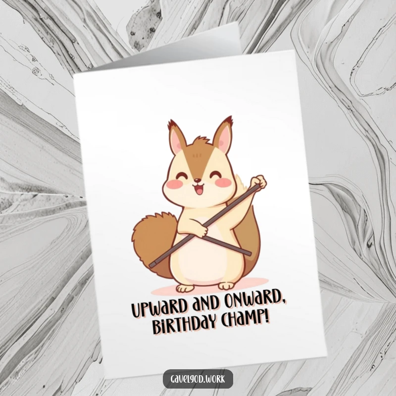 Funny Free Printable Birthday Card: Kawaii squirrel with paddle pointing up, ready to celebrate your special day!