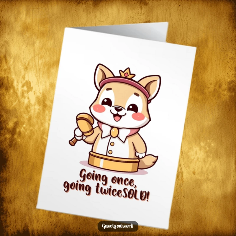 Funny Free Printable Congrats Card: A Kawaii animal auctioneer with a cheerful grin, slamming a tiny gavel to finalize a deal.