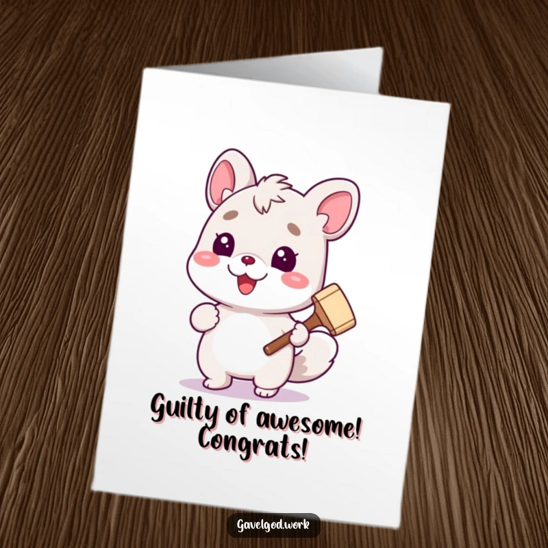 Funny free printable congratulations card: A cute animal character smiling while holding a tiny gavel, symbolizing a good judgment.