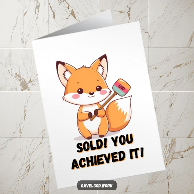 Funny Free Printable Congratulations Card: Kawaii fox holding a tiny, colorful bidding paddle, looking eager.