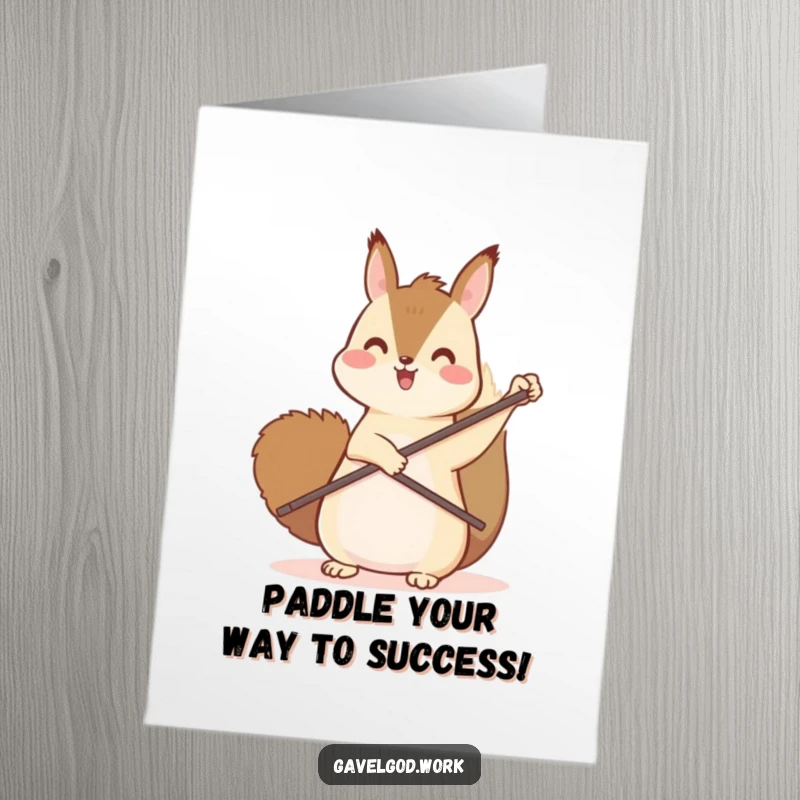 Funny Free Printable Congrats Card: Kawaii squirrel with paddle pointing upwards, celebrating your fantastic achievement!
