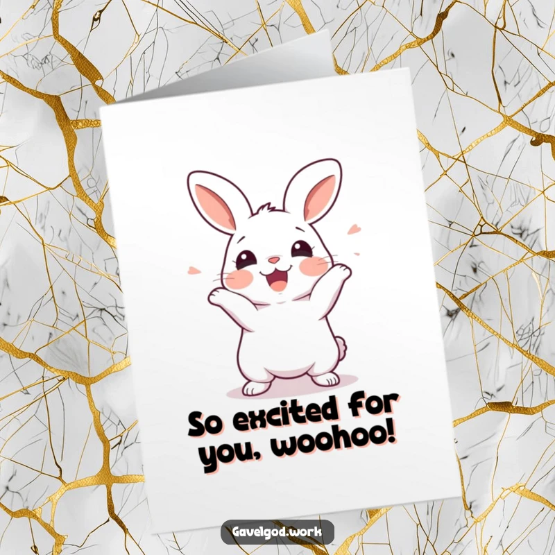 Funny Free Printable Congrats Card: Kawaii rabbit wiggling with pure excitement, celebrating a fantastic accomplishment!
