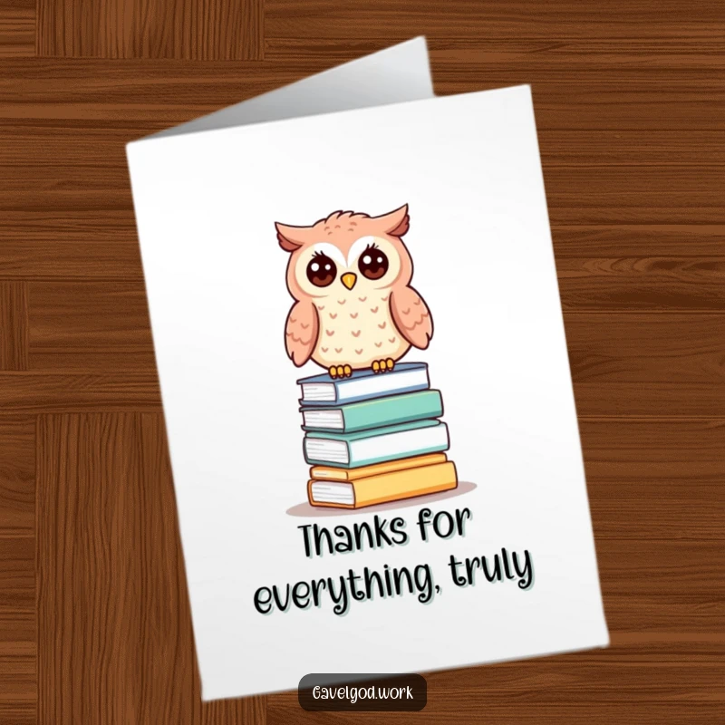 Funny Free Printable Thank You Card: Kawaii owl making a grateful bid on auction lots, thankful for your support!