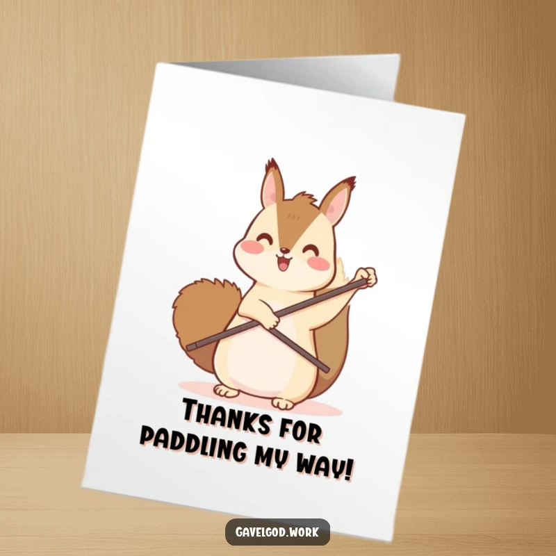 Funny Free Printable Thank You Card: Kawaii squirrel with paddle pointing upwards, expressing sincere gratitude and joy!