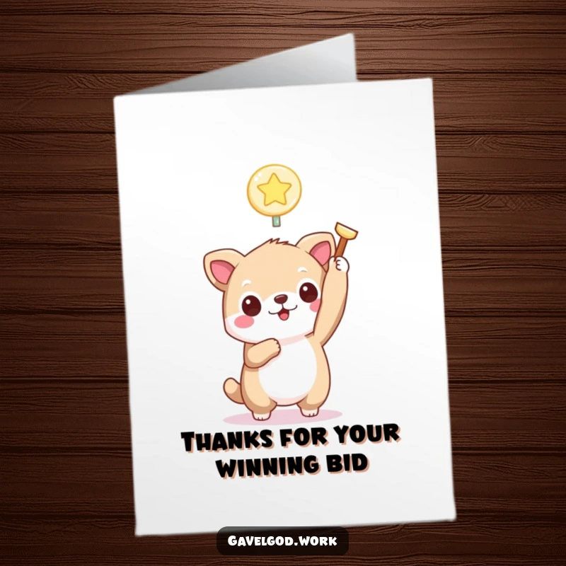 Funny Free Printable Thank You Card: A kawaii animal holds a small, luminous bidding paddle aloft.