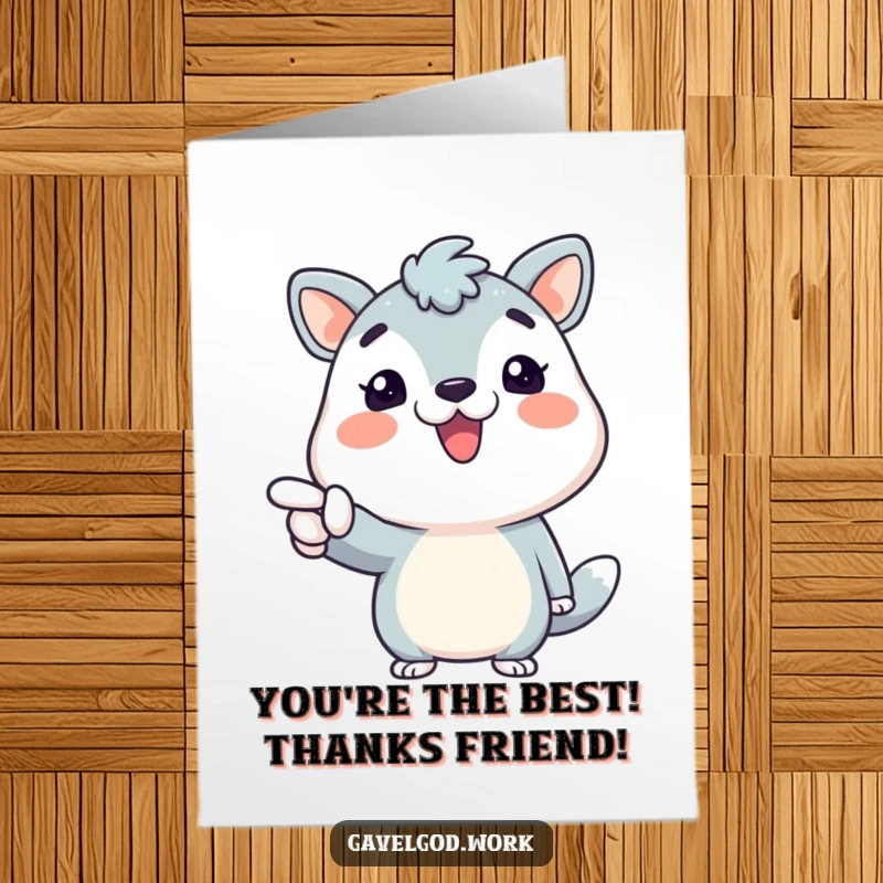 Funny free printable thank you card: An animal character with a broad smile pointing enthusiastically, conveying sincere thanks.