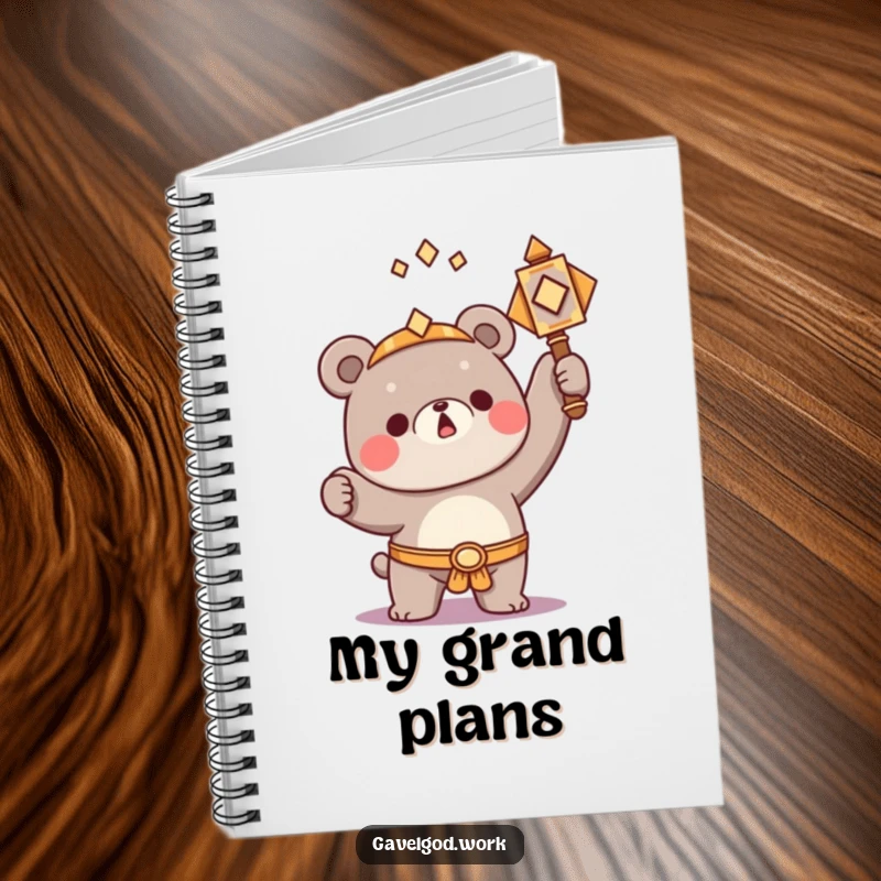 Funny Kawaii bear character triumphantly raising a small, ornate hammer, perfect for noting down successful plans.