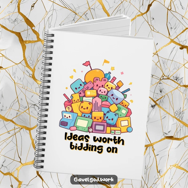 Funny kawaii auction shapes notebook, featuring a vibrant abstract pile of colorful items, perfect for jotting down auction strategies or daily thoughts.