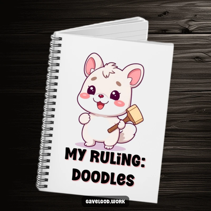 Funny cute animal character holding a tiny gavel on the cover of a lined notebook, ideal for funny gift.