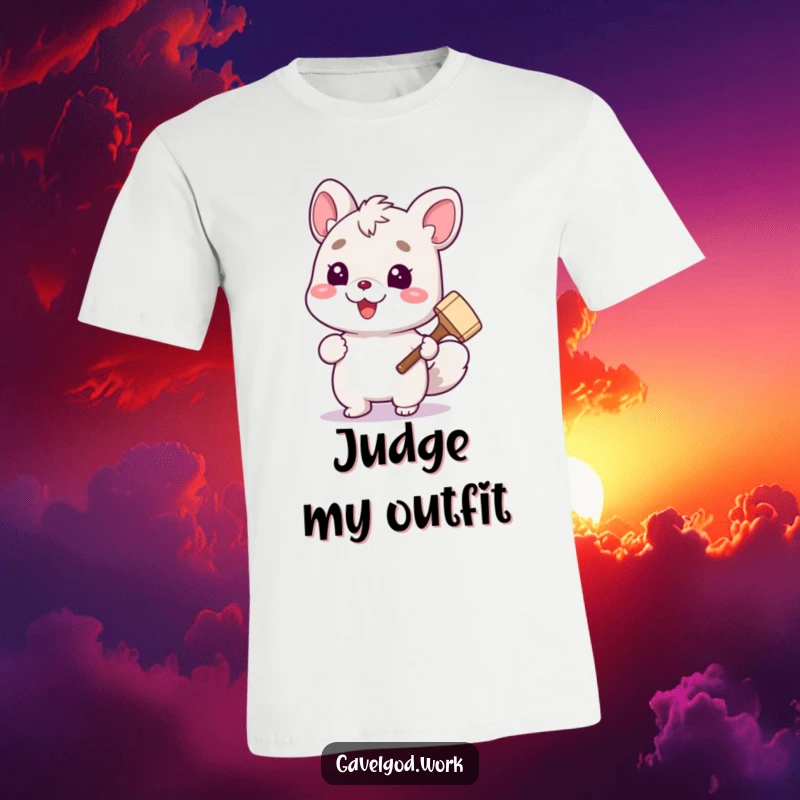 Funny cute animal character smiling, holding a tiny gavel, embodying humorous authority on a fun and quirky t-shirt.