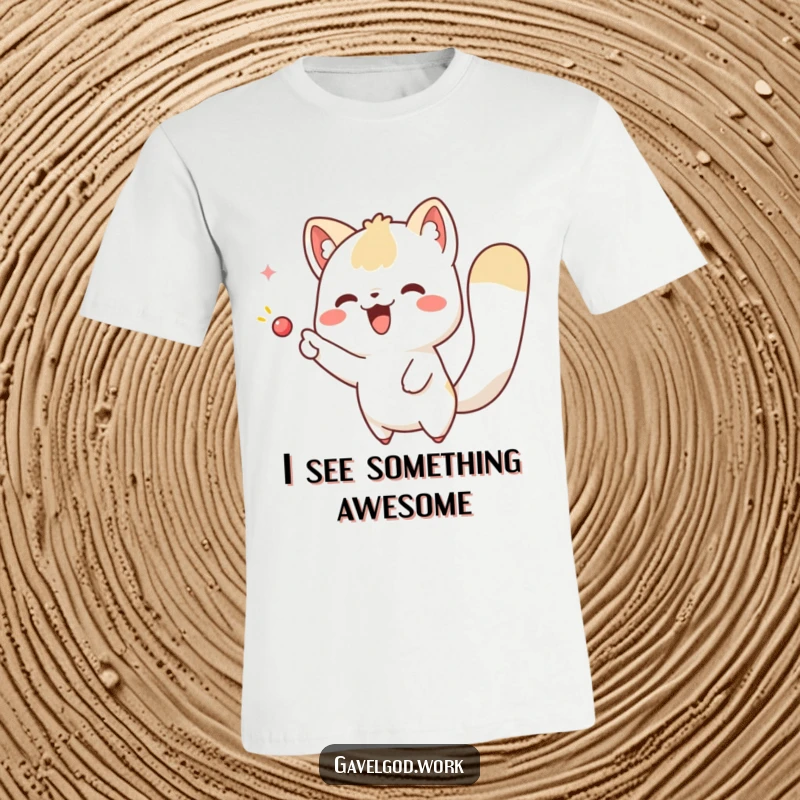 Funny kawaii animal t-shirt with an adorable creature excitedly pointing towards an imaginary object, symbolizing wonder and playful discovery.
