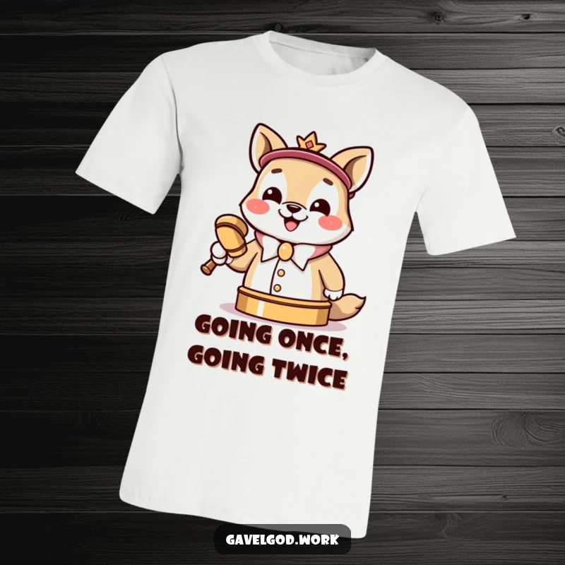 Funny Kawaii animal auctioneer t-shirt, grinning broadly, slamming a miniature gavel, a playful and professional look.