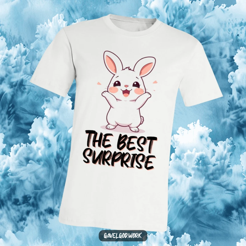 Funny kawaii rabbit t-shirt featuring a cute rabbit wiggling its whole body in pure excitement for an invisible object.