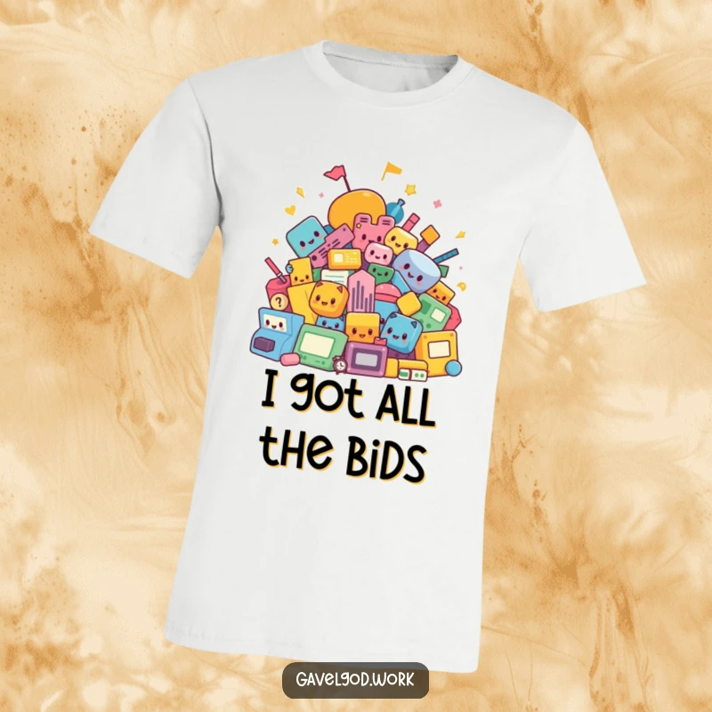 Funny kawaii auction shapes t-shirt featuring a vibrant, abstract pile of colorful items symbolizing auction excitement. Ideal for collectors.