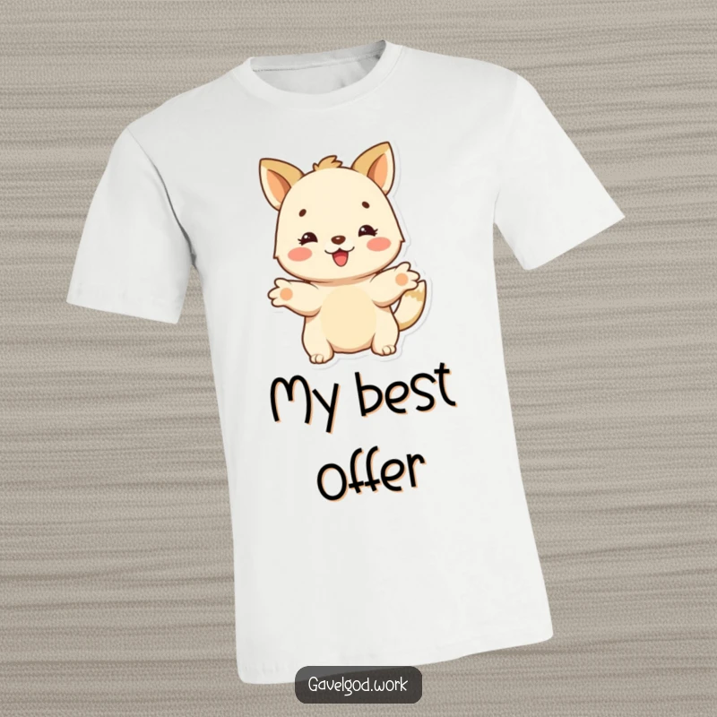 Funny happy animal character with outstretched paws, offering a bid with a cheerful smile, embodying generosity on a fun t-shirt.