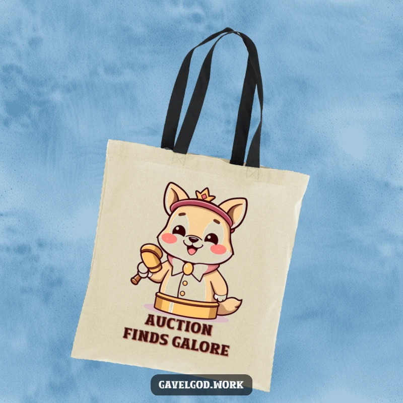 Funny Kawaii animal auctioneer tote bag, grinning and slamming a tiny gavel, a whimsical shopping companion.