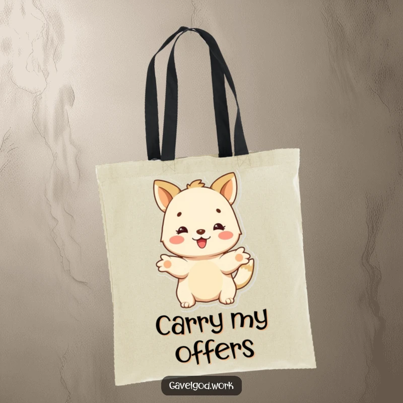 Funny happy animal character with outstretched paws, offering a bid on a durable and amusing funny tote bag, ready to give.