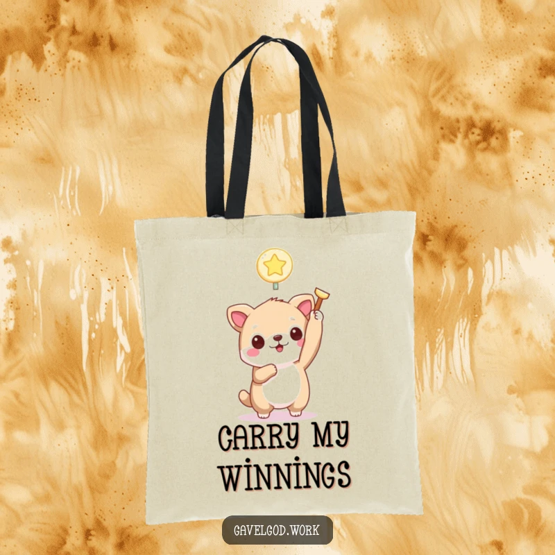 Funny kawaii animal tote bag featuring a cute creature holding a tiny, glowing bidding paddle triumphantly, perfect for auction haulers.
