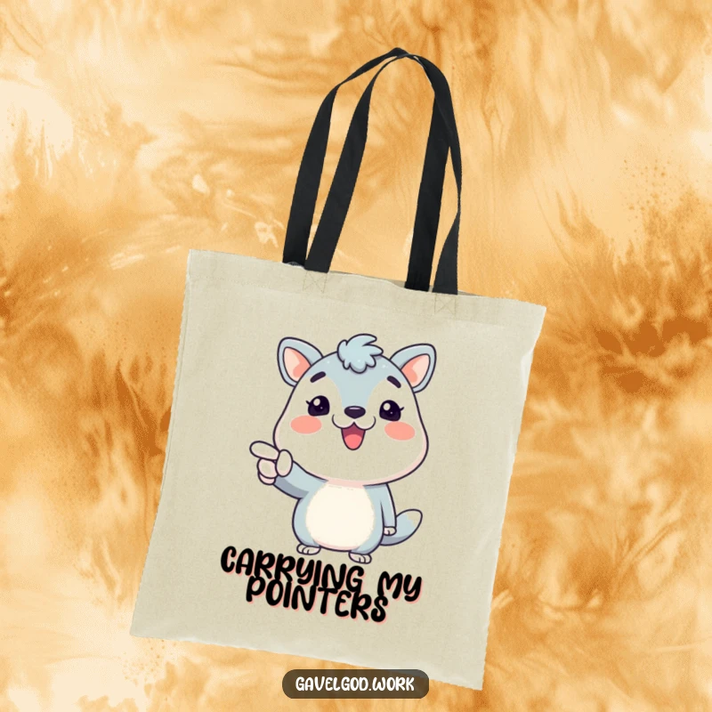 Funny animal character with a broad smile, pointing enthusiastically on a durable and amusing funny tote bag, ready for action.