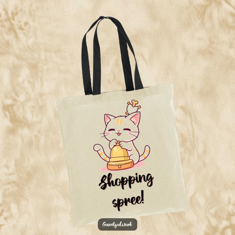 Funny Kawaii cat character playfully batting at a dangling auction bell, a humorous and practical tote bag.