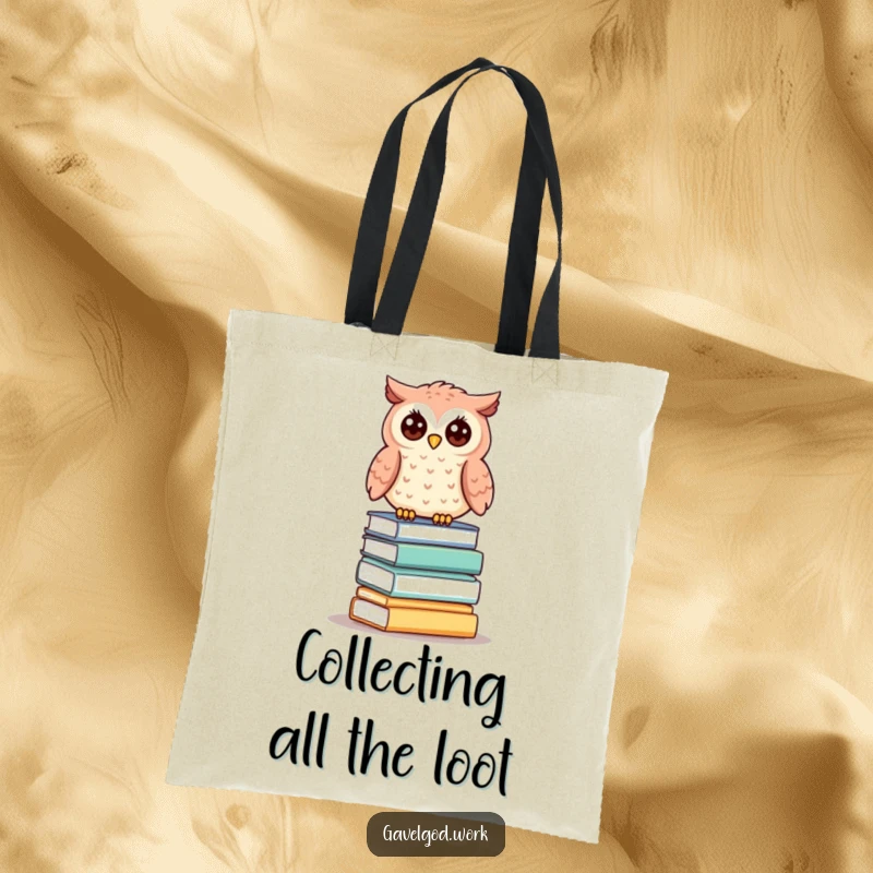 Funny kawaii owl tote bag with a cute owl perched atop various tiny auction lots, looking quite distinguished.