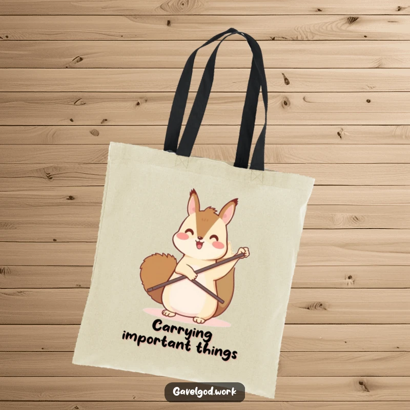 Funny kawaii squirrel tote bag with a delighted squirrel pointing upwards using a small wooden paddle.