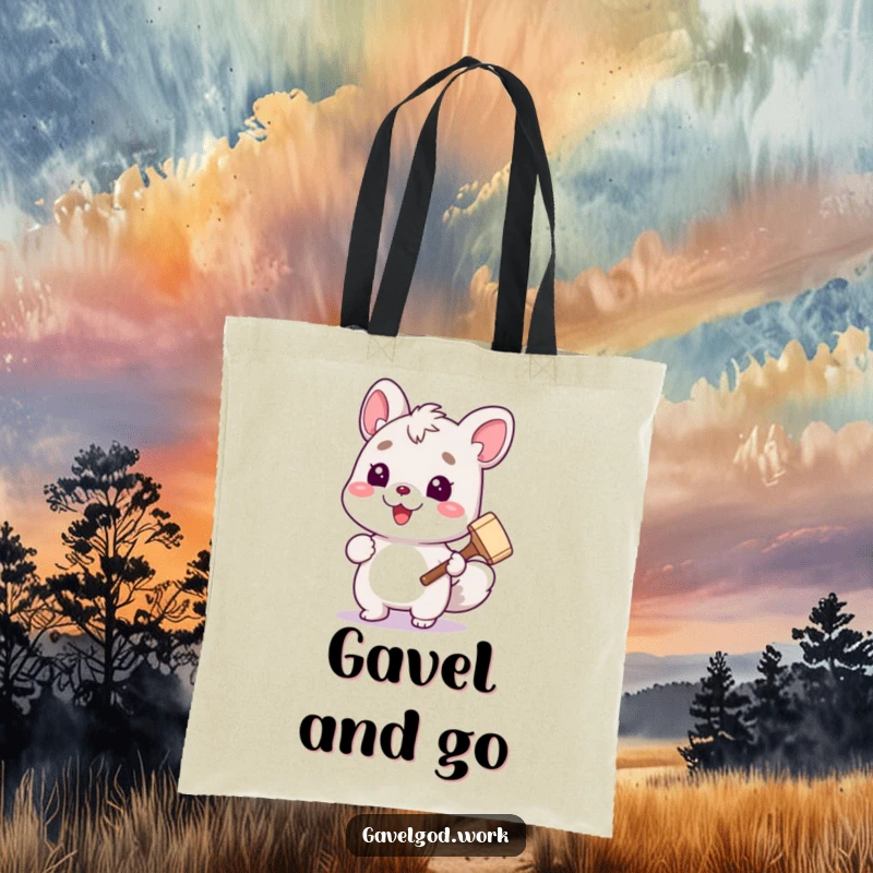 Funny cute animal character holding a tiny gavel on a durable and amusing funny tote bag, ready for legal fun.